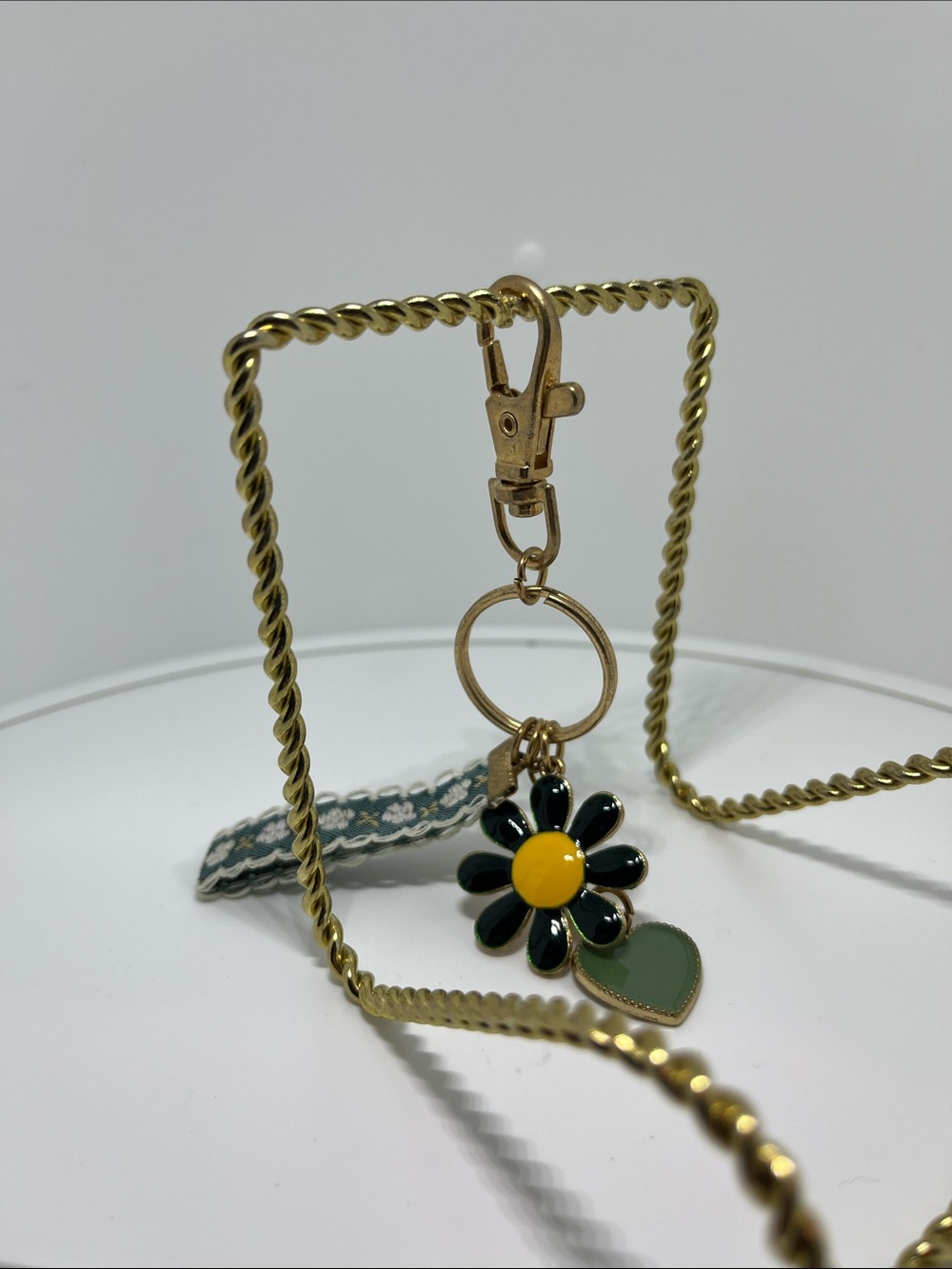 Gold Daisy Keychain with Green Heart Charm